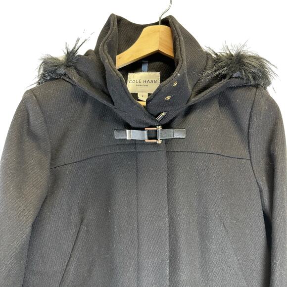 Cole Haan Black Faux Fur Trim Hooded Wool Long Duffle Pea Coat Womens Size 8 - Picture 3 of 16